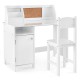Kids study desk and chair set in white with storage cabinet, cork bulletin board, and ergonomic design for comfort.