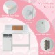 Wooden kids study desk and chair set in white with storage cabinet, cork bulletin board, and smooth edges for safety.