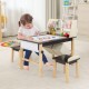 Kids art table set with paper roll, two chairs, and storage bins, perfect for drawing and creative play.