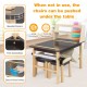 Kids art table set with two chairs, paper roll, and storage bins, featuring rounded corners and sturdy pine wood legs.