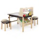 Kids art table set with paper roll, two chairs, and storage bins, perfect for drawing and playing.