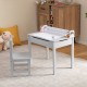 Gray wooden kids table and chair set with paper roll holder, storage, and high backrest for creative play.