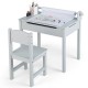 Gray wooden kids table with paper roll holder and pen slot, featuring a sturdy design and rounded corners for safety.
