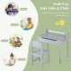 Gray wooden kids table and chair set with storage, paper roll holder, and high backrest for learning and playing.