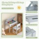 Wooden kids table and chair set in gray with flip-top storage, paper roll holder, and anti-pinch cutout handle.