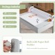 Wooden kids table and chair set in gray with paper roll holder, storage, and rounded corners for safety.