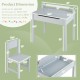 Gray wooden kids table and chair set with storage, paper roll holder, and flip-top design for creative play.