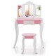 Kid's wooden vanity table set with a pink finish, featuring a 3-panel acrylic mirror and a matching stool for safe play.