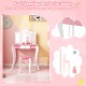 Kid's wooden vanity table set with a 3-panel acrylic mirror, featuring anti-toppling device for safety and stability.