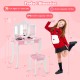 Kid's wooden vanity table and stool set with a 3-panel acrylic mirror, perfect for ages 3+, ideal for bedroom use.