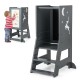 Toddler kitchen stool helper in gray with chalkboard, featuring a stable frame and adjustable footstep for safety.
