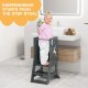 Toddler kitchen stool helper in gray with safety rail, adjustable footstep, ideal for bathroom or kitchen use.