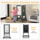 Toddler kitchen stool helper with chalkboard and whiteboard, gray, adjustable for ages 1 to 7, ideal for safe use.
