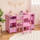 Kids vanity table and chair set in pink with removable mirrors and storage bins, perfect for playrooms or study areas.