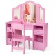 Kids vanity table and chair set in pink with removable mirrors and 4 storage bins, perfect for playrooms or bedrooms.