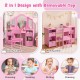 Kids vanity table and chair set in pink with removable mirrors and storage bins, perfect for dressing and writing.