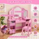 Kids vanity table and chair set in pink with 4 storage bins, removable mirrors, and spacious desktop for cosmetics and.