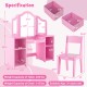 Kids vanity table and chair set in pink with removable mirrors and storage bins, ideal for ages 3 and up.