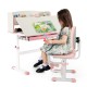 Kids desk and chair set in pink with adjustable height and tilted desktop, ideal for ages 3-12 for studying and drawing.