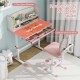 Kids desk and chair set in pink with adjustable height, tilted desktop, and roomy storage for ages 3-12.