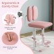 Kids desk and chair set in pink with adjustable height, tilted desktop, and adaptive double backrest for comfort.