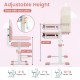 Kids desk and chair set in pink with adjustable height, tilted desktop, and spacious storage for ages 3-12 years.