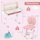 Kids desk and chair set in pink with adjustable height, tilted desktop, and spacious storage for ages 3-12.