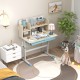 Kids study desk in blue featuring a hutch, tilt desktop, and convenient ruler design for easy measurements and.
