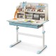 Height adjustable kids study desk in blue with tilt desktop, hutch, and large drawer for art supplies and organization.
