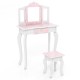 Kids vanity set in pink with tri-fold mirror, storage drawer, and sturdy wooden construction for safe play.