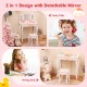 Kids vanity set in pink with detachable mirror, wooden construction, and large storage drawer for organized play.