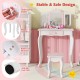 Kids vanity set in pink featuring a tri-fold mirror, sturdy legs, and a large storage drawer for organized playtime.