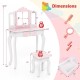 Kids vanity set in pink with tri-fold mirror, large drawer, and three makeup accessories for organized playtime.