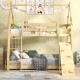 Twin over queen wooden bunk bed with climbing net and ramp, featuring safety guardrails and low-profile design for kids.