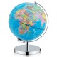 Illuminated world globe with a chrome stand, featuring geographical and constellation maps for educational exploration.