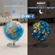 Illuminated 3-in-1 world globe with stand, showcasing geographical and constellation maps, perfect as a night light.