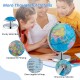 Illuminated world globe with a sturdy metal base, showcasing detailed maps and constellations for educational.