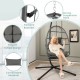 Hanging egg chair in gray with large seat cushion and head pillow, designed for comfort and outdoor use.
