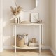Half moon console table with oak finish, featuring a 2-tier design for storage in a stylish entryway setting.