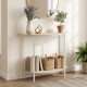 Half moon console table with oak finish, featuring a 2-tier design for storage, ideal for entryways and hallways.