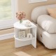 Half round end table in white with open shelves, perfect for small spaces in living room or bedroom.