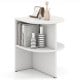 Half round end table in white with open shelves, perfect for small spaces, ideal for living room or bedroom use.