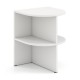 Half round end table in white with two open shelves, ideal for small spaces in living room or bedroom.
