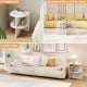 Half round end table in white with open shelves, versatile as a nightstand or coffee table for small spaces.
