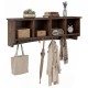Wall-mounted brown coat rack with four compartments and five hooks for efficient storage in entryways or living spaces.