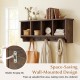 Wall-mounted brown coat rack with four compartments and five hooks, ideal for entryway storage and organization.