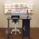 Deluxe steel-frame manicure table with locking cabinet, 5 drawers, downdraft vent, and swing-arm lamp for salons.