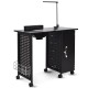 Deluxe steel-frame manicure table in black with locking cabinet, 5 drawers, downdraft vent, and swing-arm lamp for.