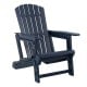 Blue HDPE Adirondack chair with cup holder and wood-like texture, perfect for relaxing in gardens and outdoor spaces.