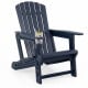 Blue HDPE Adirondack chair with cup holder and wood-like texture, designed for outdoor relaxation and stability.
